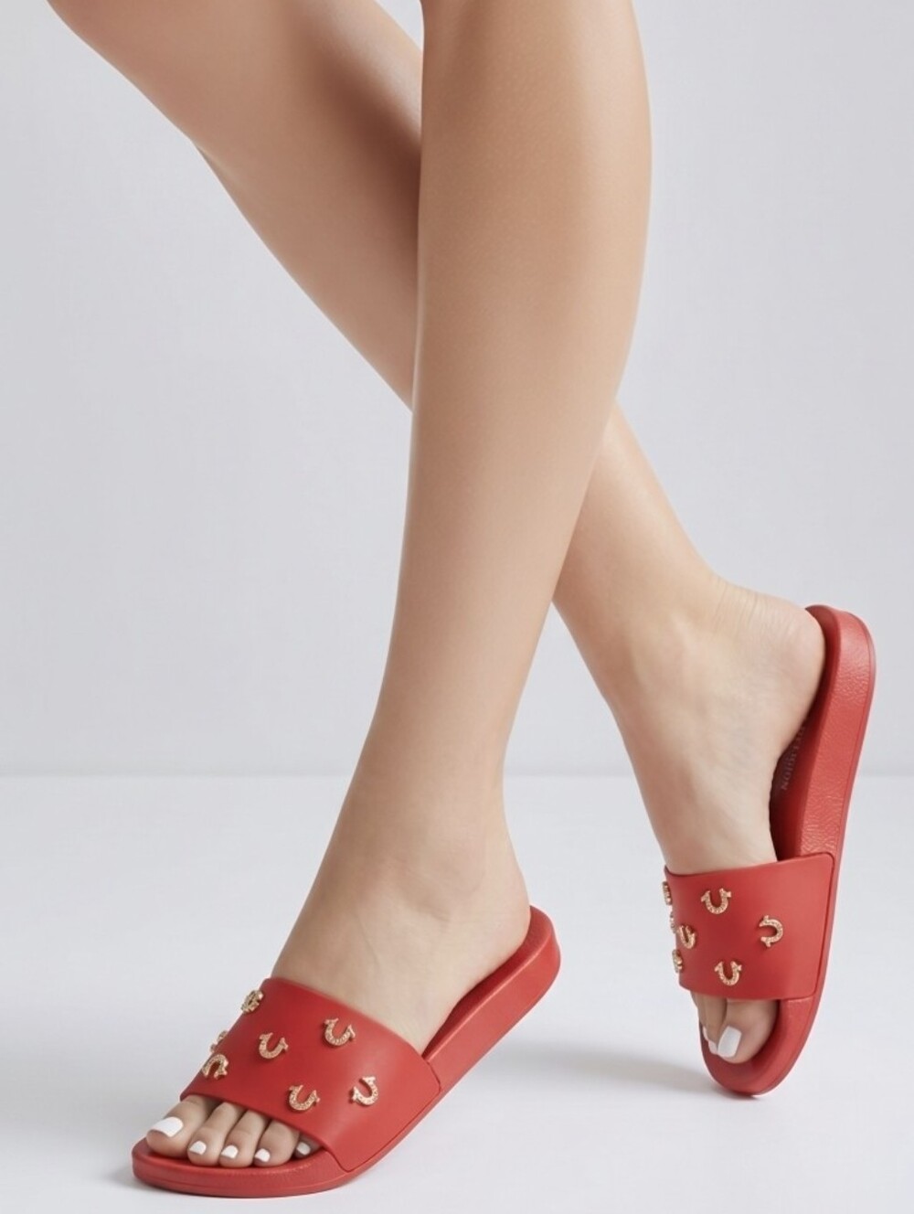 True Religion Red Slide Sandals with Gold Horseshoe Accents